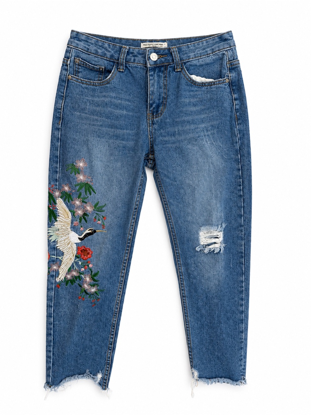 Free People Blue Embroidered Crane & Floral Cropped Jeans